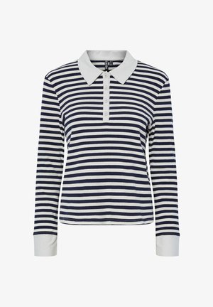 Striped langærmet polo-shirt i marineblå og hvid, med en kontrasterende hvid krave, knaplukning og ribbet tekstur.