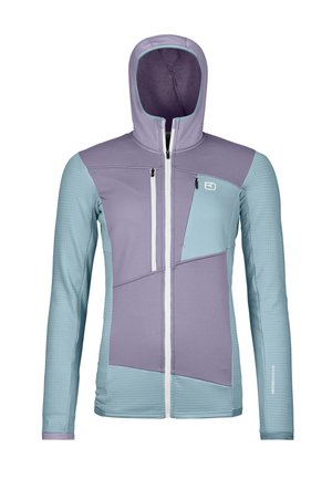 Hooded jacket with a mix of light purple and teal panels. Features zippered front pockets and textured sleeves. Lightweight fabric.