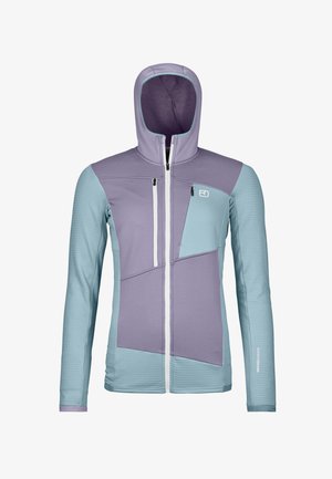 Hooded jacket with a mix of light purple and teal panels. Features zippered front pockets and textured sleeves. Lightweight fabric.