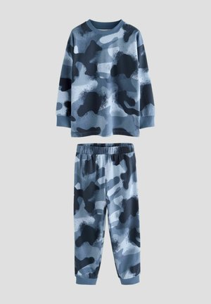 Blue camo print loungewear set with long-sleeved top and elastic waistband pants. Made of soft fabric with ribbed cuffs and neckline.