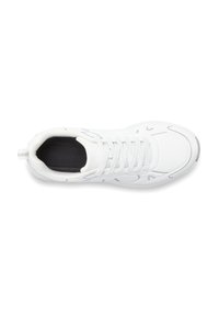 White sneakers with a smooth upper, featuring round toe, grey accents, lace-up closure, and a cushioned black inner lining.