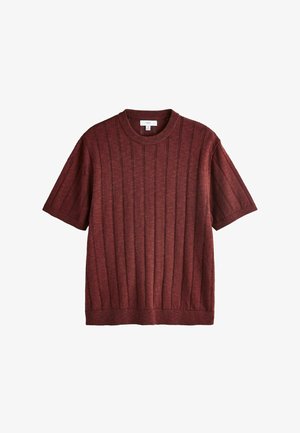 Lühikeste varrukatega maroon värvi kootud kampsun vertikaalse soonikuga ja ümmarguse kaelusega, keskmine suurus.