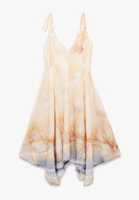 Vestido fluido con tirantes ajustables, con un patrón degradado en crema, naranja y azul claro. Tejido ligero y transparente con forma de línea A.