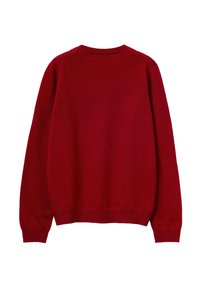 Maglione rosso a maglia, collo rotondo, maniche lunghe, vestibilità normale. Texture morbida, polsini e bordo a coste. Colore uniforme senza motivi visibili.