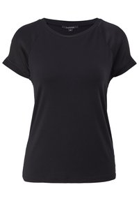 Camiseta negra de manga corta hecha de tela suave, con un escote redondo y mangas raglán, con una textura lisa y sin patrones visibles.