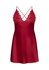 Κόκκινο σατέν νυχτικό με δαντελένιες λεπτομέρειες, διαθέτει λεπτές, διασταυρούμενες τιράντες και απαλό, λείο υφή, σχ εδιασμένο με κολακευτική γραμμή Α.
