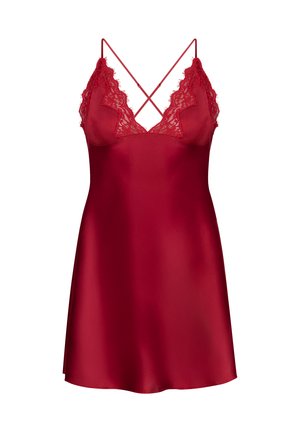 Κόκκινο σατέν νυχτικό με δαντελένιες λεπτομέρειες, διαθέτει λεπτές, διασταυρούμενες τιράντες και απαλό, λείο υφή, σχεδιασμένο με κολακευτική γραμμή Α.