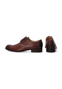 Braune Lederschuhe mit glatter Oberfläche, Schnürdesign, runder Zehenform und niedrigem, quadratischem Absatz. Seitliche und hintere Ansicht gezeigt.