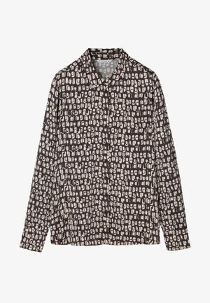 Long-sleeve button-up shirt in dark brown with a textured cream abstract pattern, featuring a collar and button placket.