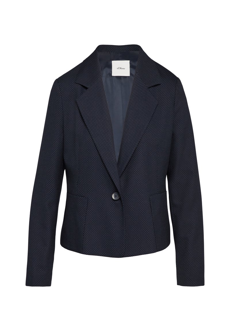 Marineblazer met een stippenprint, enkele knopen sluiting en geknipte revers. Bevat twee voorkiezen en een gladde binnenvoering.
