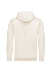 Crème kleurige hoodie met een voorste kangoeroezak, een getextureerd driehoekig patroon op de achterkant en ribgebreide manchetten en onderkant.