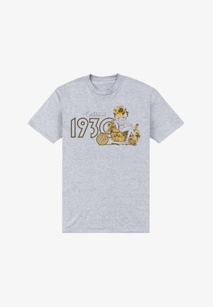 Grå T-shirt lavet af bomuld med et gult grafisk design af en motorcykel og teksten "Etableret 1930" i en retro skrifttype.