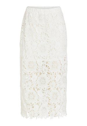 Fehér, virágmintás csipkemidi szoknya, masszív béléssel, amely a térd fölött ér véget, és áttetsző csipkével, amely a vádli közepéig ér.