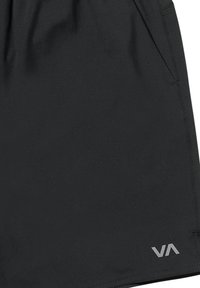 Black athletic shorts made from lightweight fabric, featuring an elastic waistband, side pocket, and a reflective logo on the lower left.