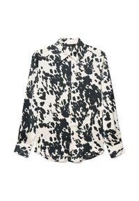Camicia a maniche lunghe con bottoni, motivo a macchie irregolari bianco e nero che ricorda il mantello di una mucca, colletto appuntito, distesa su uno sfondo bianco.