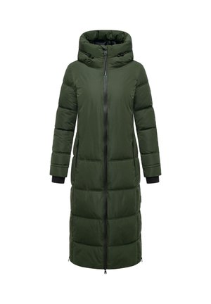 Grüne gepolsterte Jacke mit hohem Kragen, vollem Reißverschluss und langen Ärmeln. Verfügt über schwarze Reißverschlüsse und Manschetten sowie eine schlanke, gerade Silhouette.