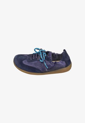 Navy blue casual sneaker with mixed suede and leather textures, blue laces, and a gum rubber sole, shown from the outer side.