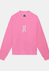 Sweat-shirt rose à manches longues avec col rond, logo minimaliste blanc centré sur la poitrine, poignets et ourlet côtelés.