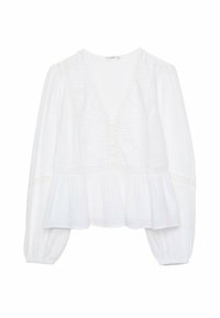 Weißes Blusenshirt mit tiefem V-Ausschnitt, langen Puffärmeln und einem gerafften Peplum-Saum. Bestickte Details und Knöpfe runden das Design ab.