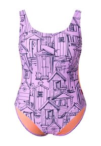 Fliederfarbener Einteiler-Badeanzug mit schwarzen, skizzenartigen Zeichnungen verschiedener kleiner Strandhütten, die den Stoff bedecken.