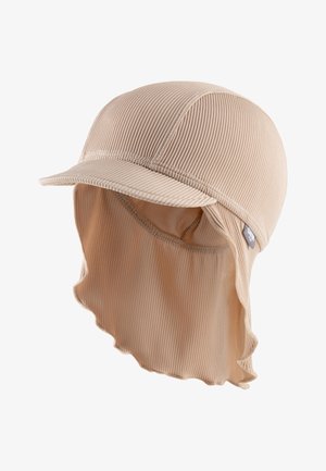 Beige ribbed cap with a curved bill and an attached neck flap, featuring a textured surface and a small logo tag on the side.