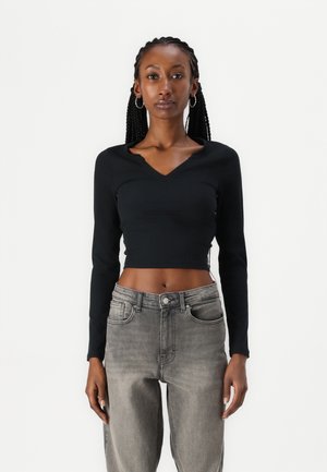 Ribbbed Seamless Fabric Notch-Neck Top - Top s dlhým rukávom - casual black