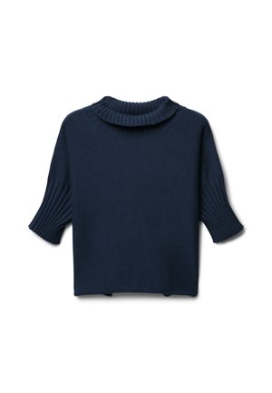 Marineblauer Strickpullover mit einem gerippten, halben Stehkragen und kurzen Ärmeln. Das Design hat eine kastige Form und strukturiertes Rippmuster an den Ärmeln.