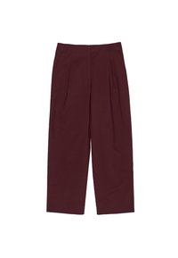 Pantalones de pierna ancha burdeos con pliegues, confeccionados en una tela suave. Cuenta con una cintura alta y bolsillos laterales para mayor practicidad.