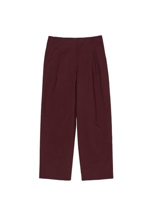 Burgundi värvi laiade jalgadega püksid, millel on voldid ja mis on valmistatud siledast kangast. Omavad kõrget vööd ja küljetaskuid praktilisuse jaoks.