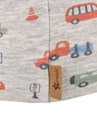 Gray fabric featuring colorful vehicle patterns, including cars and trucks, with a leather tag on the side embossed with "Sterntaler."