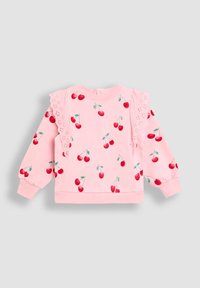 Helles rosa Sweatshirt mit Kirschmuster, Spitzenakzenten an den Schultern und puffartigen langen Ärmeln. Weicher Stoff, runder Halsausschnitt und gerippte Bündchen.