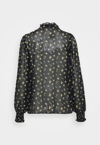 Svart genomskinlig blus med små gula och gröna blommönster, volangkrage och elastiska ärmavslut. Lättviktig tygkonstruktion, lös passform.