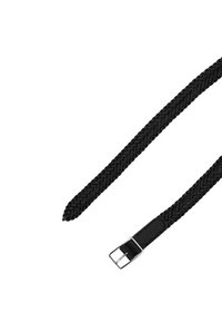 Schwarzer geflochtener Ledergürtel mit quadrischer Metallschnalle. Der Gürtel hat eine strukturierte Oberfläche und eine schlanke, längliche Form.