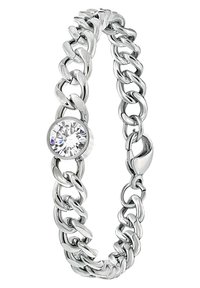 Zilveren metalen armband met verbonden kettingontwerp, met een ronde heldere strassaccent in een gepolijste setting.