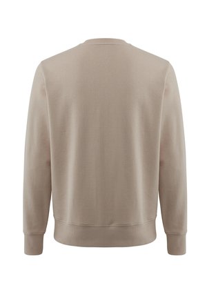 Beige Sweatshirt mit Rundhalsausschnitt und langen Ärmeln, mit gerippten Bündchen und Saum, von hinten auf weißem Hintergrund gezeigt.