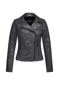 Sivá kožená motorkárska bunda s preklopeným golierom, asymetrickým predným zipsom a dvoma zipsovými bočnými vreckami. Hladká textura a priliehavý strih.