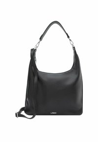 Borsa a mano in pelle nera con finitura texturizzata, manico superiore e tracolla regolabile. Presenta dettagli in metallo argentato e logo.