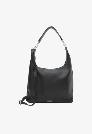 Borsa a mano in pelle nera con finitura texturizzata, manico superiore e tracolla regolabile. Presenta dettagli in metallo argentato e logo.