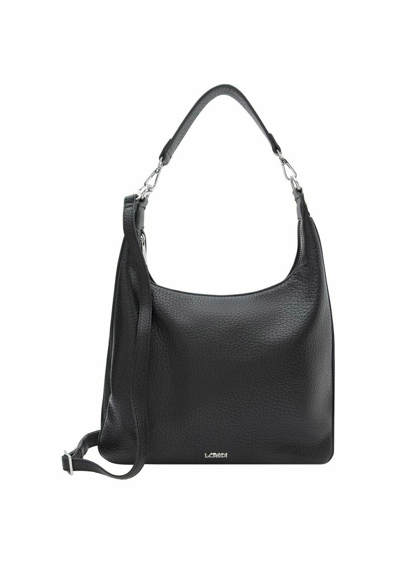 Borsa a mano in pelle nera con finitura texturizzata, manico superiore e tracolla regolabile. Presenta dettagli in metallo argentato e logo.