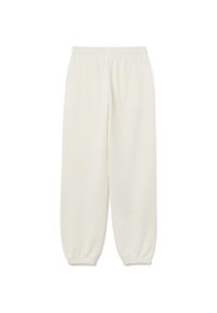 Off-white sweatpants met elastische tailleband en elastische boorden, losse pasvorm en zachte stof, weergegeven op een witte achtergrond.