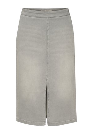 Sivkasta denim krilo s sprednjim razporkom, srednje dolžine, z gladko, rahlo teksturirano površino. Preprost dizajn pasu brez vidne opreme.