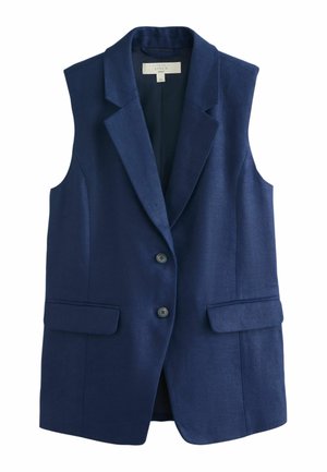 Tumši zils bez piedurknēm žakete ar atloku apkakli, divām priekšējām pogām un kabatām ar atloku, izgatavots no faktūru lina auduma.