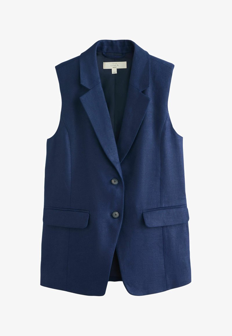 Gilet sans manches bleu marine avec col à revers, deux boutons sur le devant et poches à rabat, fabriqué en tissu de lin texturé.