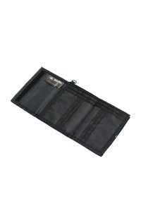 Portafoglio in tessuto nero con interno testurizzato, diverse fessure per carte e chiusura a strappo. Presenta un piccolo tag con il logo sul lato.