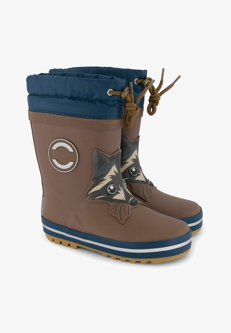 Bottes de pluie en caoutchouc marron avec un motif de visage de raton laveur, bord en nylon bleu et cordon de serrage marron. Présentent des rayures horizontales blanches et bleues sur la semelle.