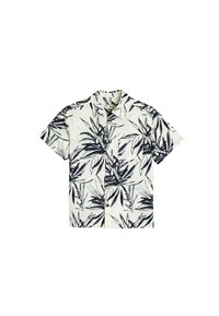 Korte mouwen overhemd in crèmekleurige stof met een zwart botanisch bladerenpatroon, een borstzak en een klassiek kraagontwerp.