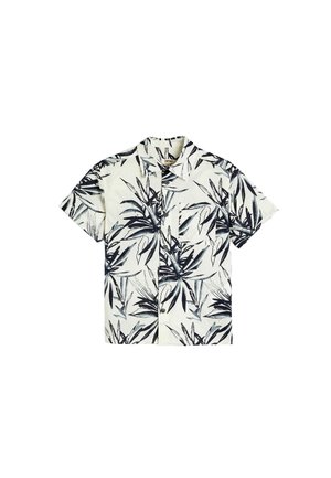 Kurzärmeliges Hemd mit Knöpfen aus cremefarbenem Stoff, mit einem schwarzen botanischen Blätterdruck, einer Brusttasche und einem klassischen Kragendesign.