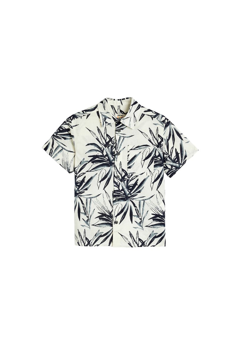Korte mouwen overhemd in crèmekleurige stof met een zwart botanisch bladerenpatroon, een borstzak en een klassiek kraagontwerp.