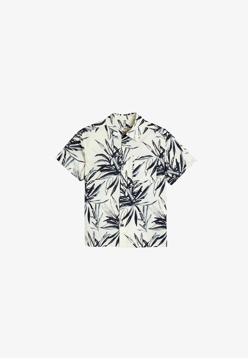 Korte mouwen overhemd in crèmekleurige stof met een zwart botanisch bladerenpatroon, een borstzak en een klassiek kraagontwerp.