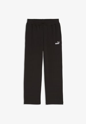 Czarne spodnie dresowe Puma z elastycznym pasem i białym logo Puma na lewym udzie, przedstawione na białym tle.